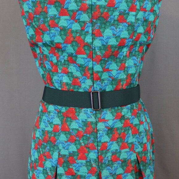 Akris 10 Green Red Ai Print Sleeveless Swing Fit Flare Pleated Pocket Dress - Picture 6 of 15